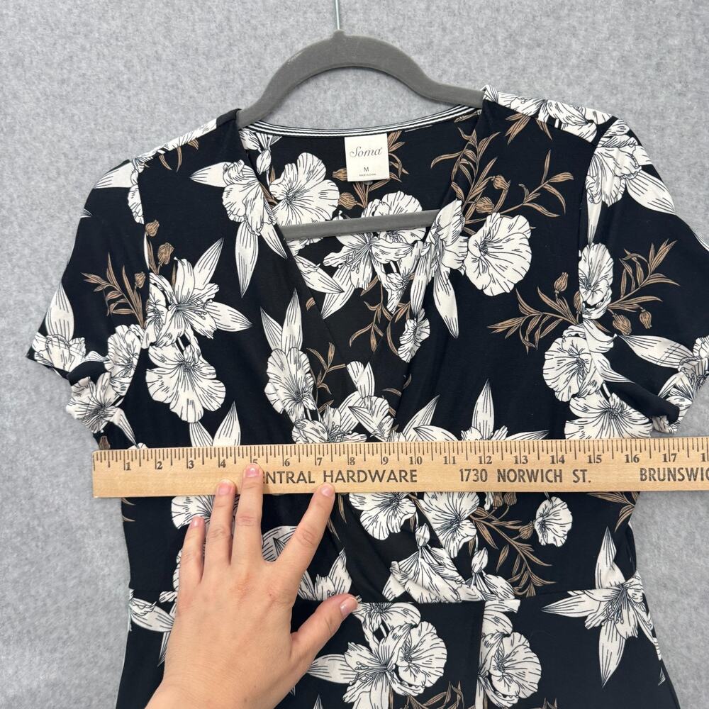 Soma Tropical Floral Mock Wrap Dress Size M Black White Soft Knit Coastal Beach - Picture 8 of 12